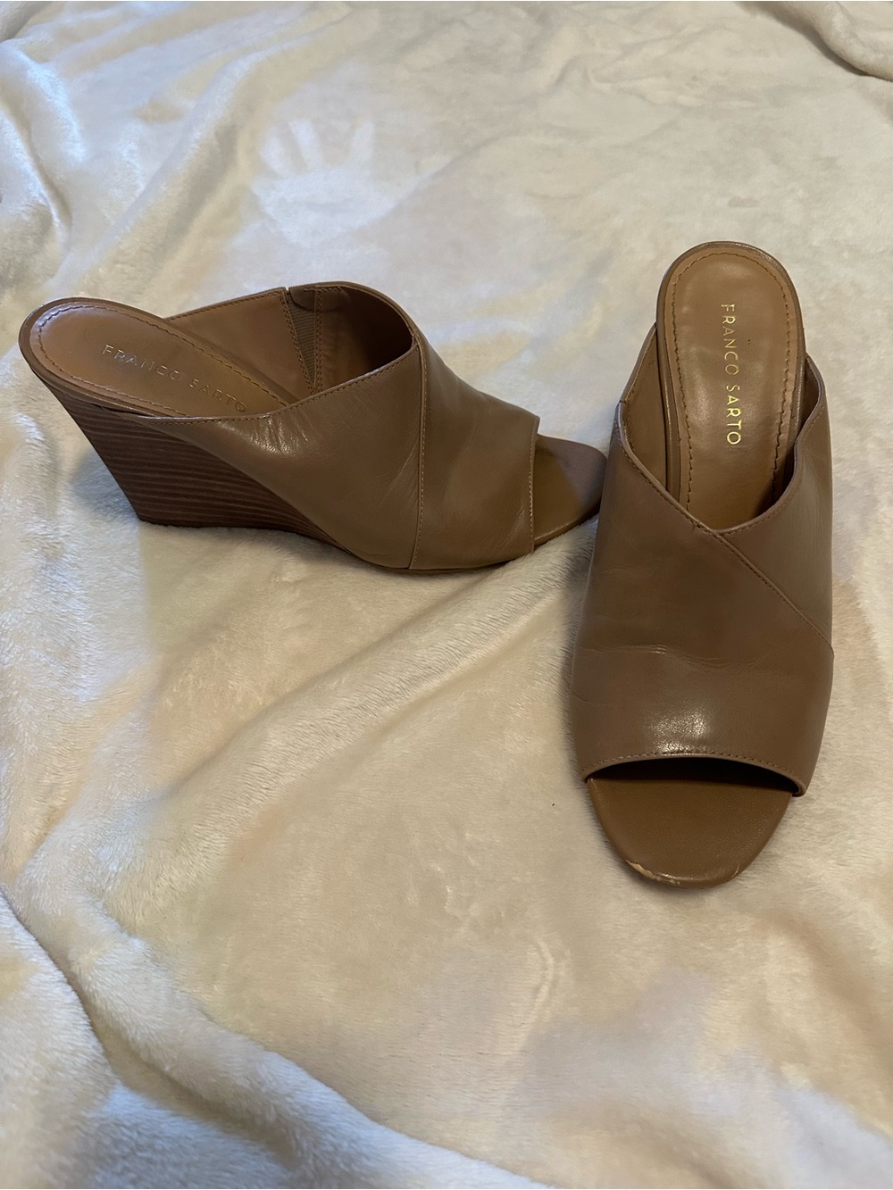 Franco Sarto Brown Leather Peep-Toe Wedge Mules